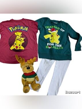 4pc Sz 7/8 Pokemon Pickachu Tshirt ,Sweatshirt , And Leggings Bundle W/ Plush